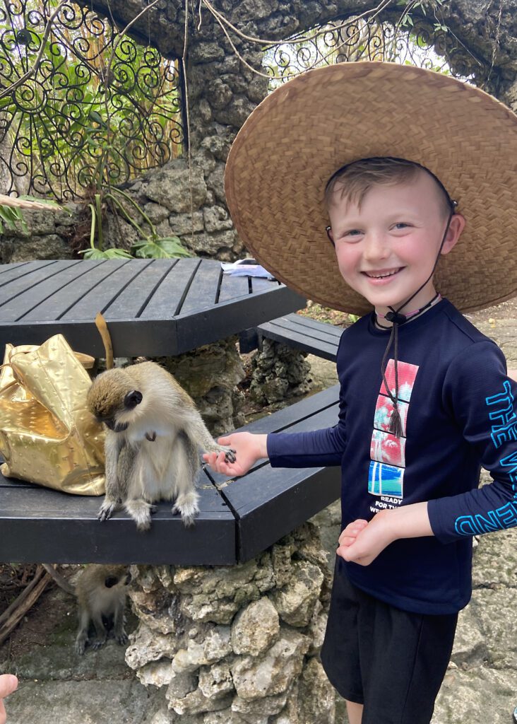 Young boy holding monkey's hand